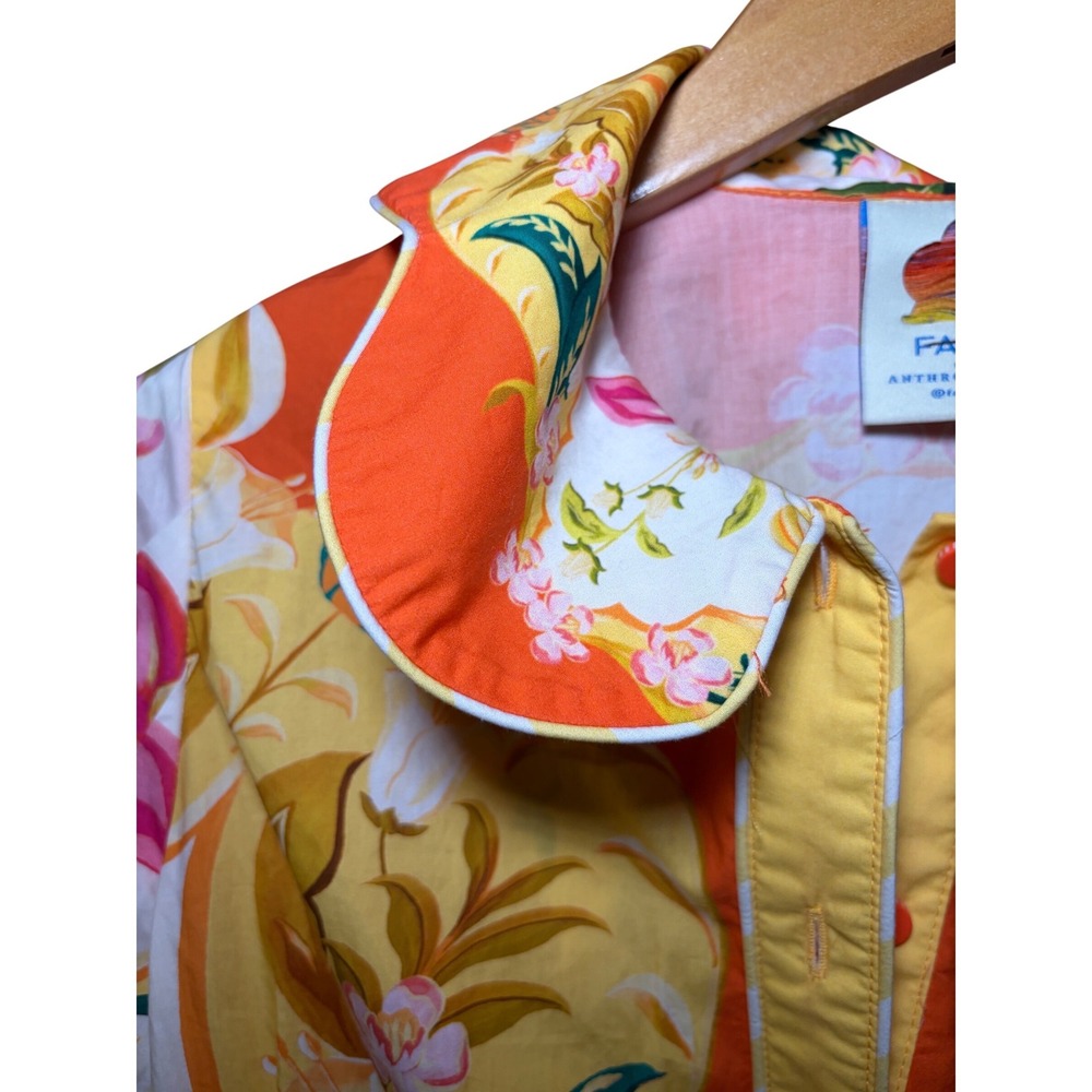 Farm Rio Talita Floral Puff Sleeve Mini Dress Orange Button Front XS NEW - Picture 10 of 14